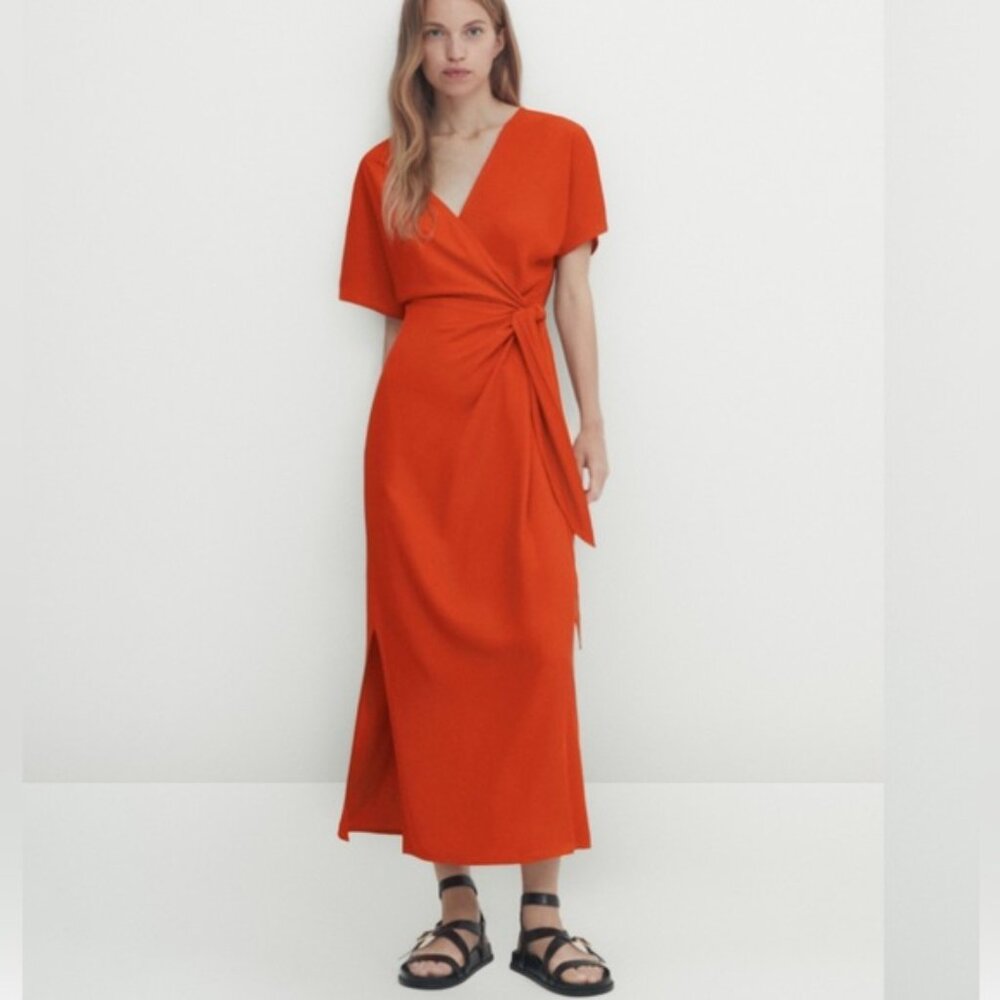 =MassimoDutti- CROSSOVER MIDI DRESS WITH TIE DETAIL In Size M